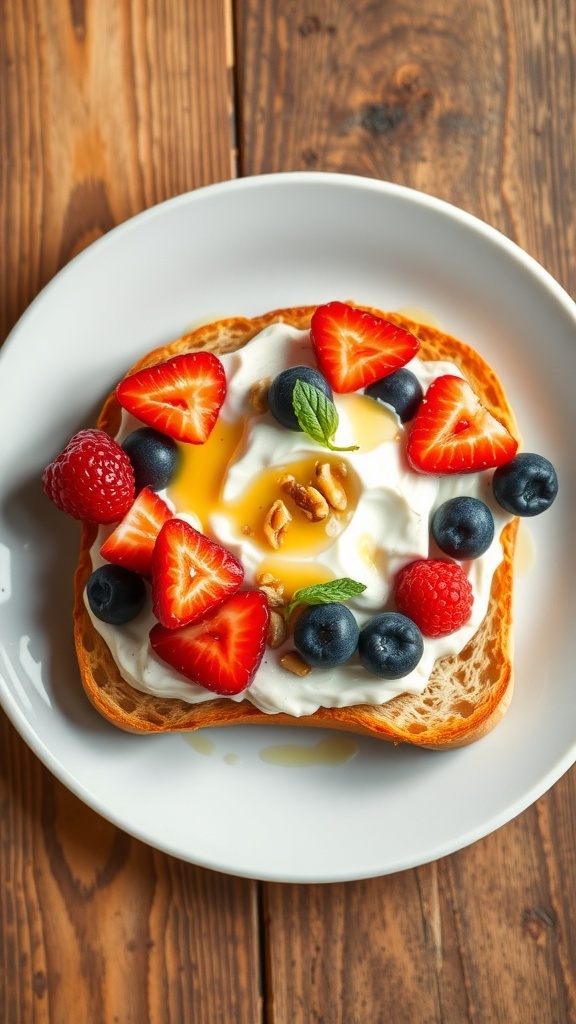 Crispy yogurt toast topped with fresh berries and nuts on a wooden table.
